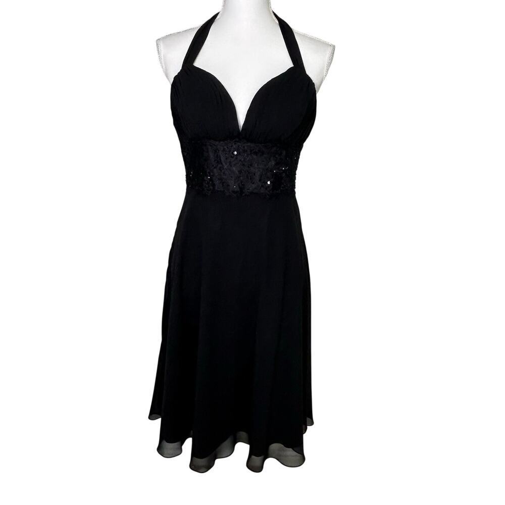 White House Black Market black halter lace beaded bodice cocktail dress size 8